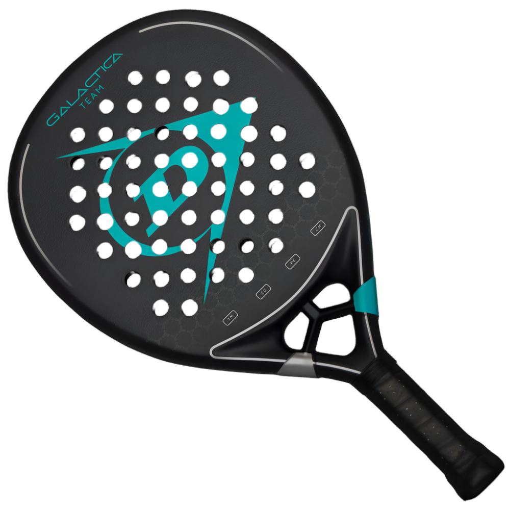 Black and teal paddle racket with brand logo on a white background
